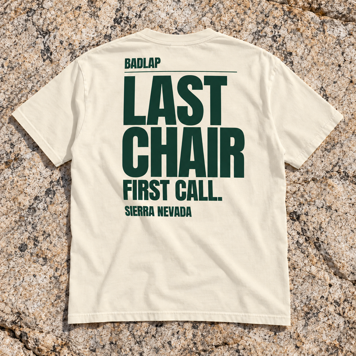 AI-styled back view of the BADLAP Last Chair Tee in Ivory with forest-green print.