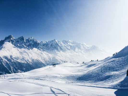 Snow-covered mountains above Chamonix.