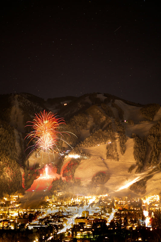 Fireworks above snow-covered Aspen.