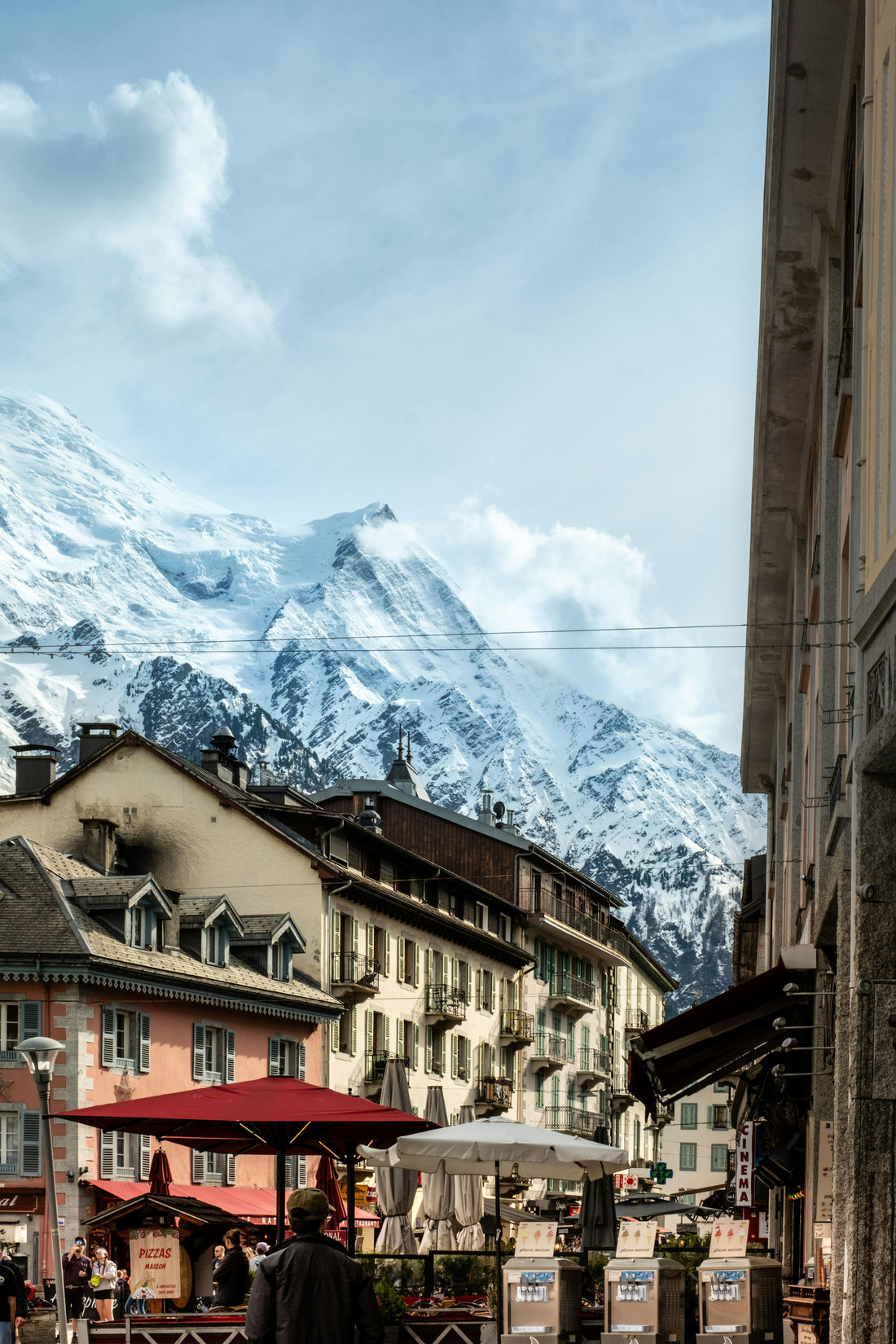 Terraces and mountain views in central Chamonix.
