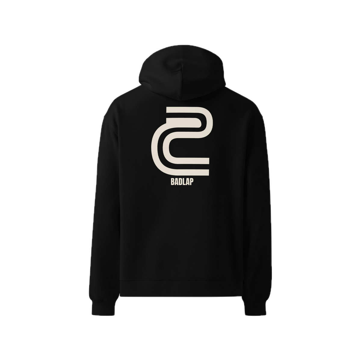 Back view of the black BADLAP Double Turn hoodie with a cream graphic.