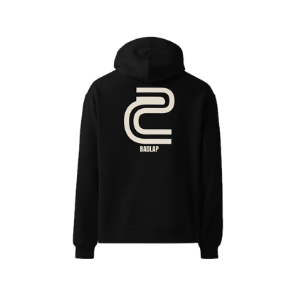 Back view of the black BADLAP Double Turn hoodie with a cream graphic.