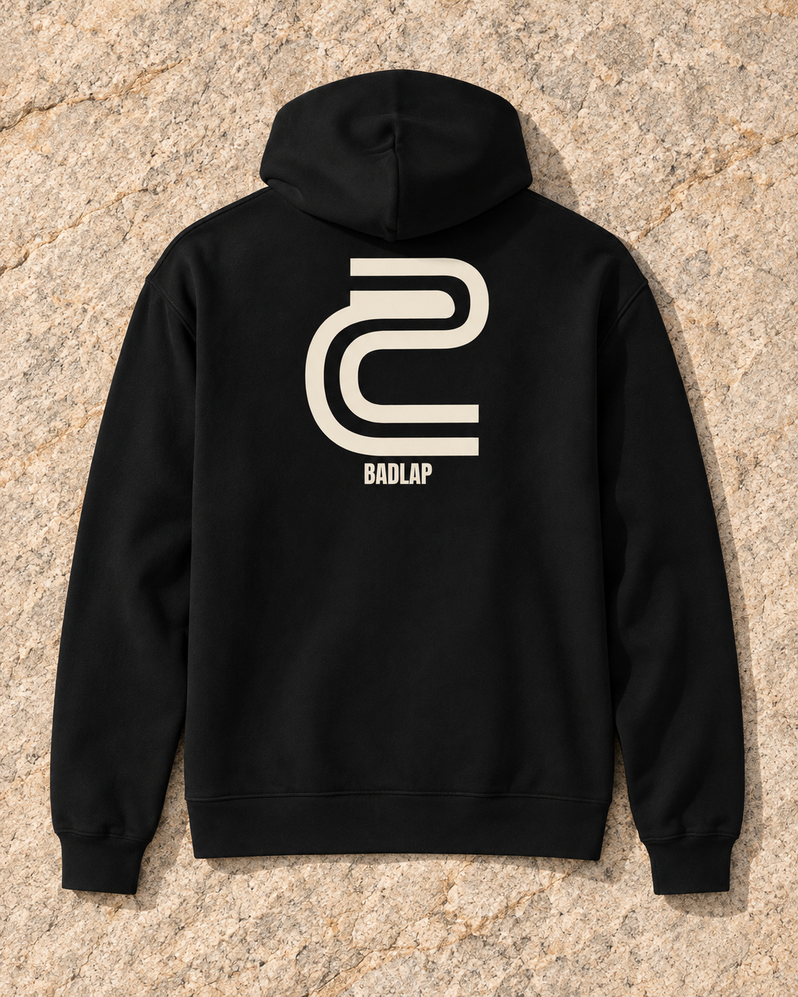 AI-styled back view of the BADLAP Double Turn Hoodie in Black with cream print.