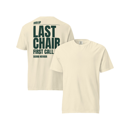 Front and back of the ivory BADLAP Last Chair tee with a green back print.